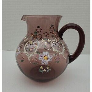 Purple Art Glass Pitcher Hand-Painted Flowers 2 Quart